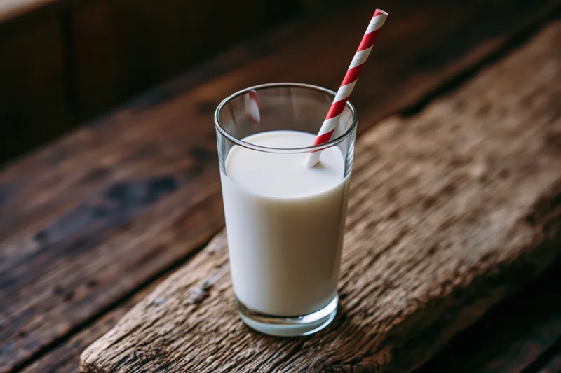 Glass of milk with red and white striped straw on rustic wooden table