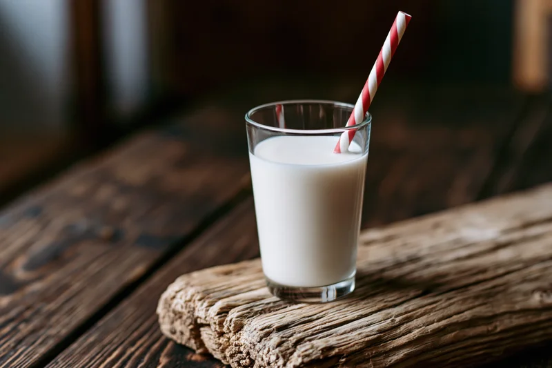 Glass of milk with red and white striped straw on rustic wooden table