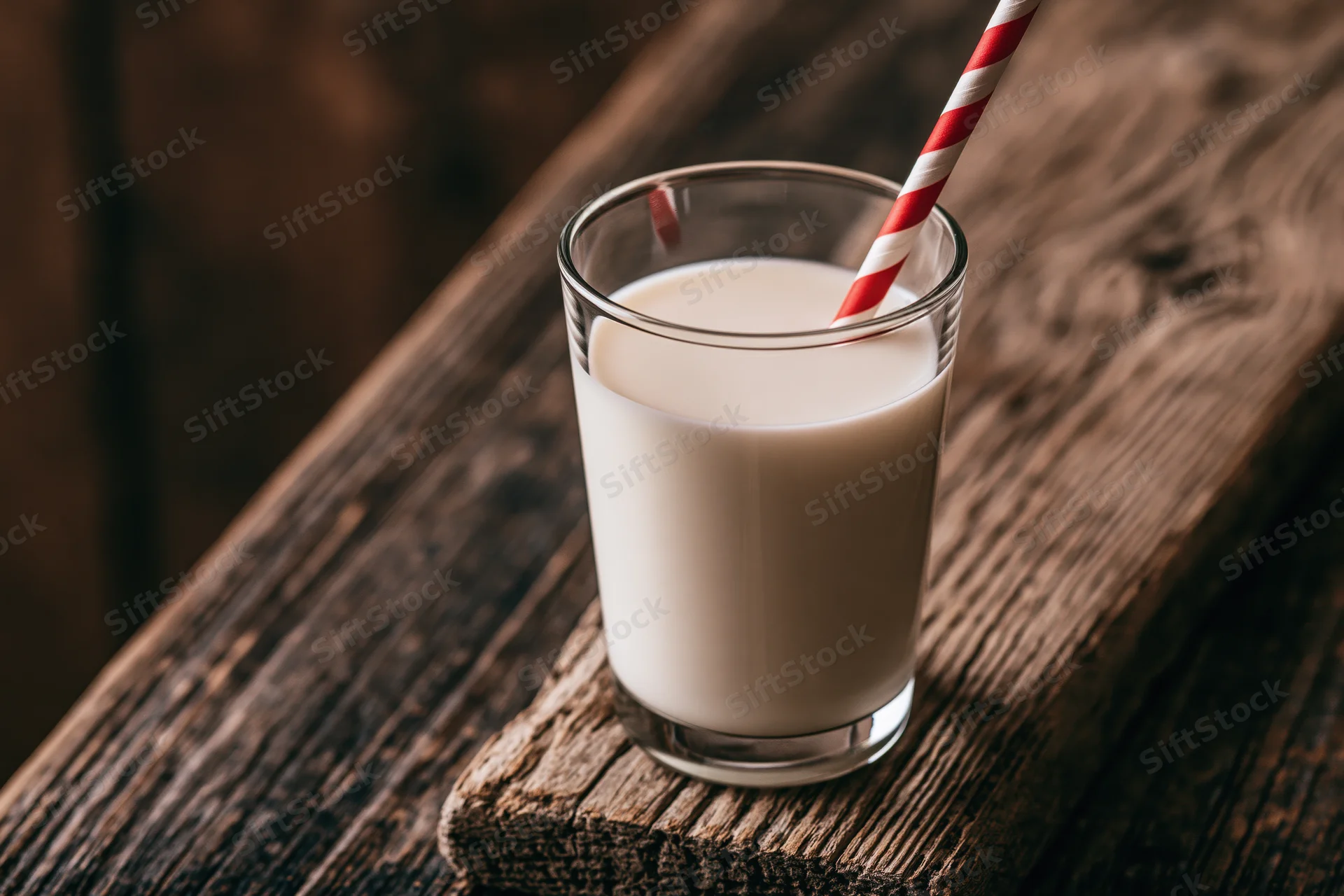 Glass of milk with red and white striped straw on wooden table