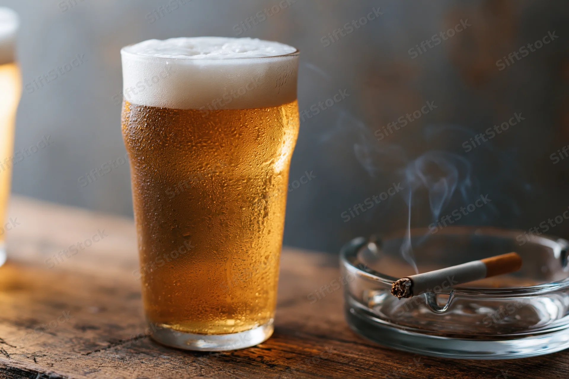 A full pint glass of golden lager with foam and condensation beside a smoking cigarette in an ashtray on a wooden table