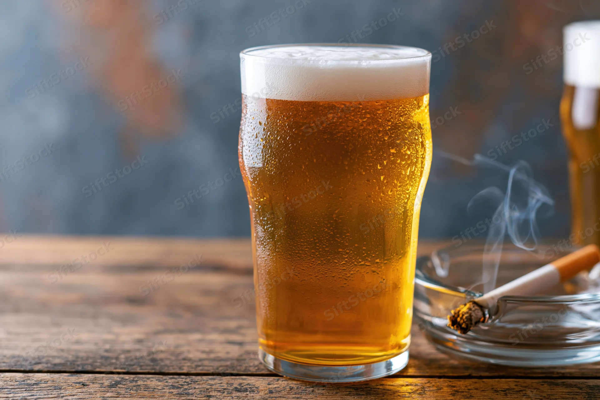 Full pint glass of golden lager with thick foam head and condensation on wooden table beside smoking cigarette in ashtray
