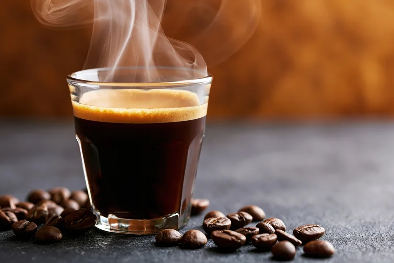 Steaming espresso in a glass cup surrounded by coffee beans on a dark surface