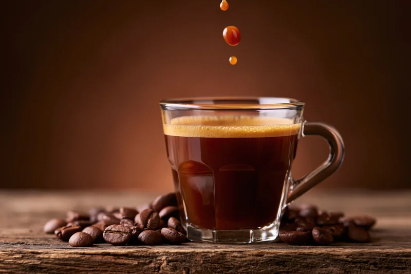 Glass espresso cup filled with dark coffee and foam, coffee beans scattered on wooden surface, droplets falling into the cup