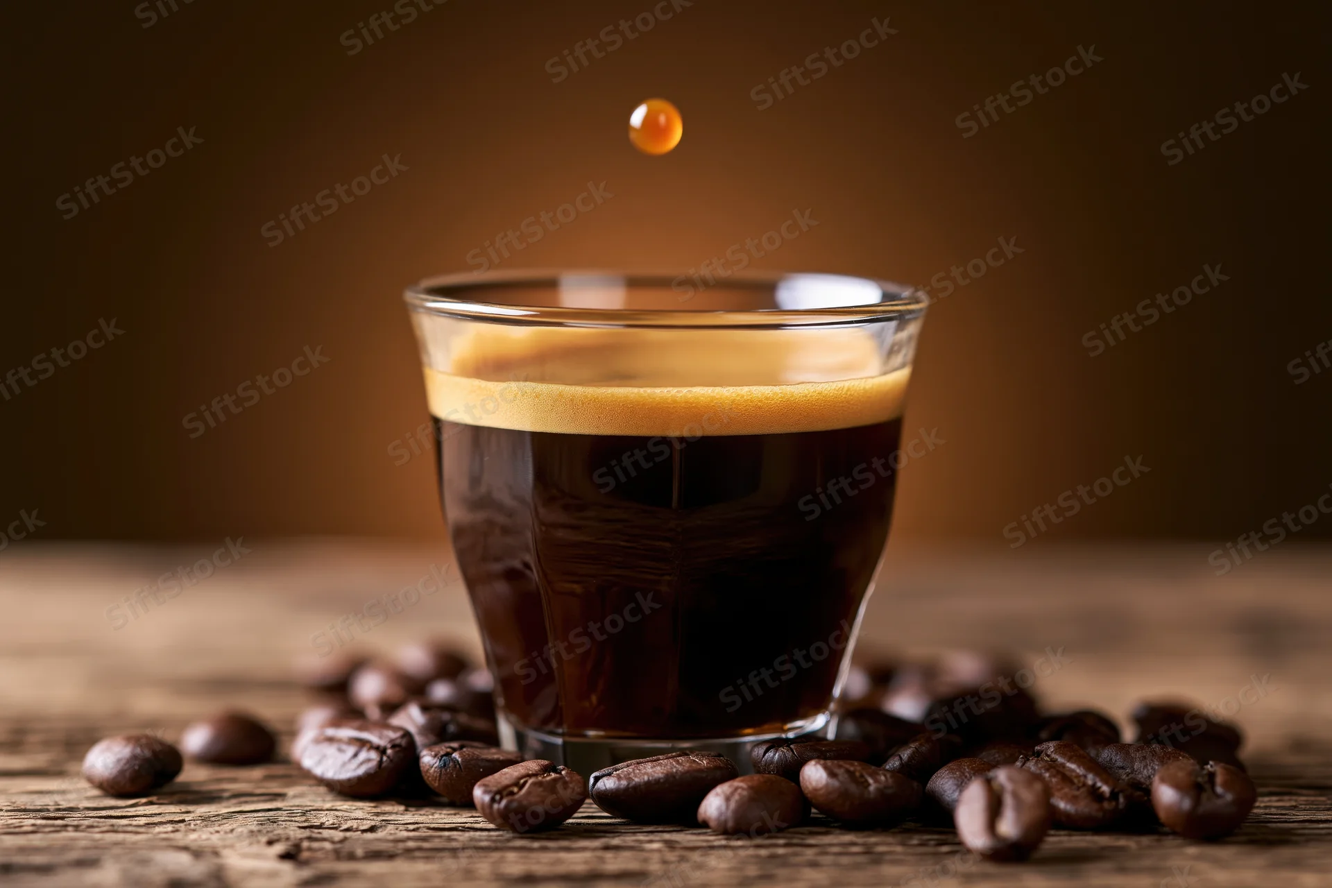 Glass espresso cup filled with dark coffee and crema on wooden table surrounded by coffee beans