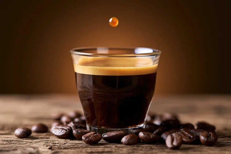 Glass espresso cup filled with dark coffee and crema on wooden table surrounded by coffee beans