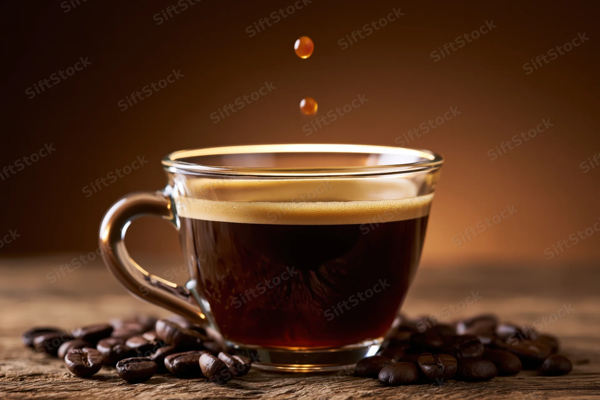 Glass espresso cup filled with dark coffee and crema, surrounded by roasted beans on wooden surface, with coffee drops falling into it