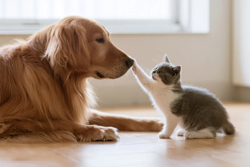 Golden retriever lying on wood floor gently touching nose with gray and white kitten