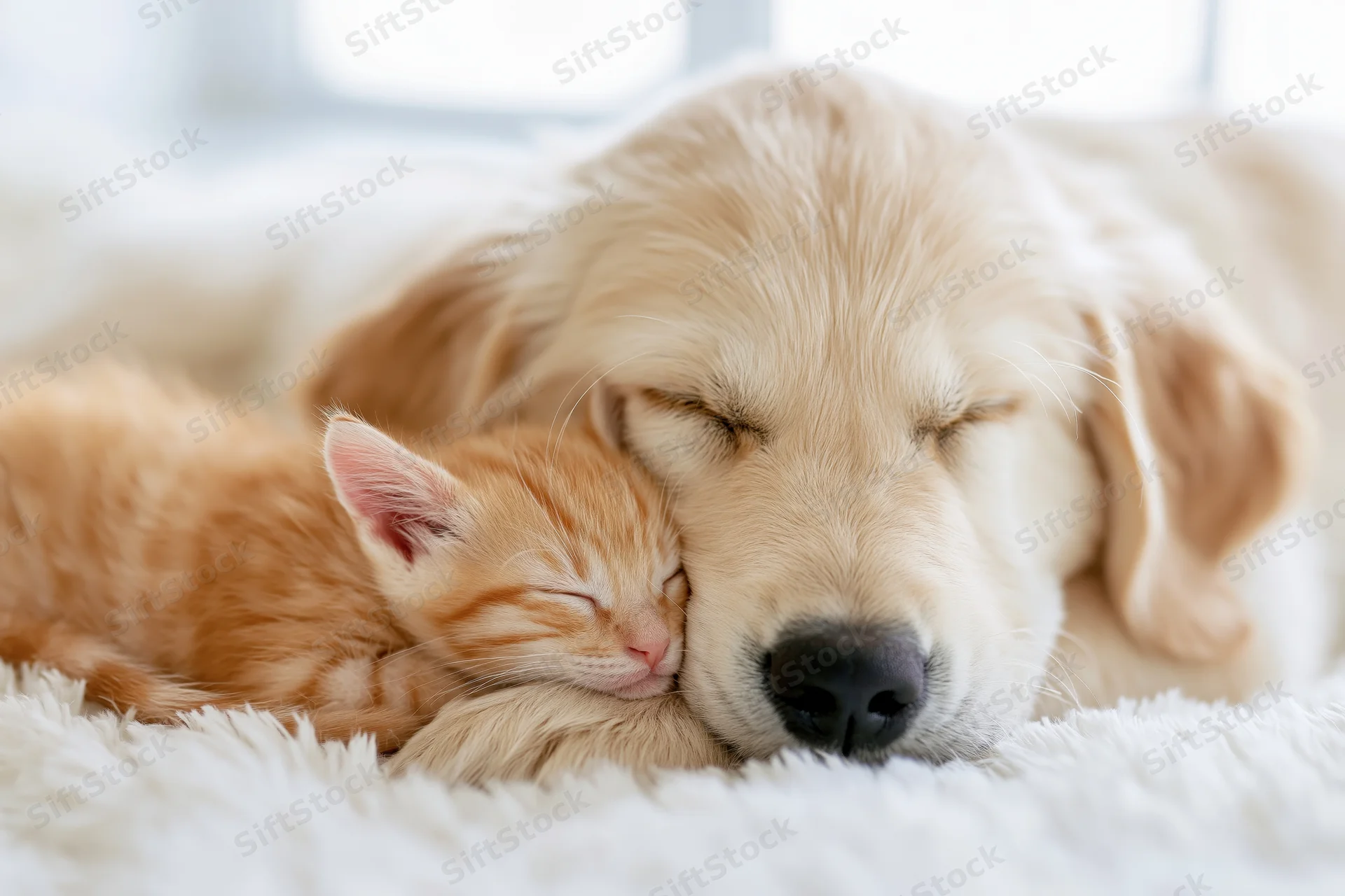 Golden retriever puppy and orange tabby kitten sleeping together on a white fluffy blanket near a window