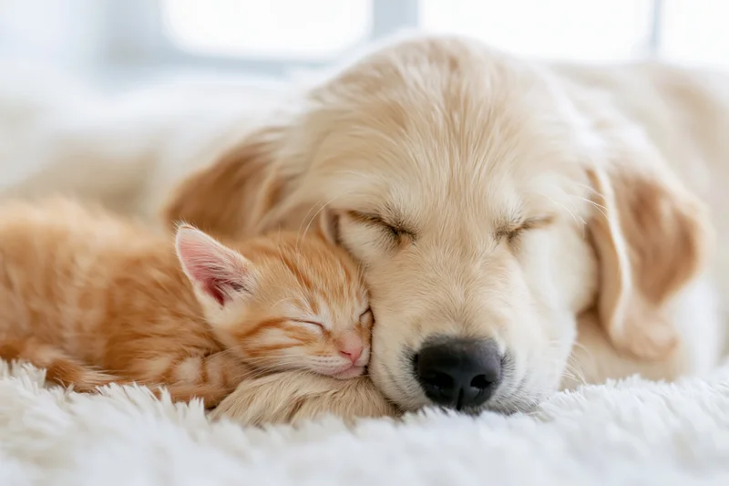 Golden retriever puppy and orange tabby kitten sleeping together on a white fluffy blanket near a window