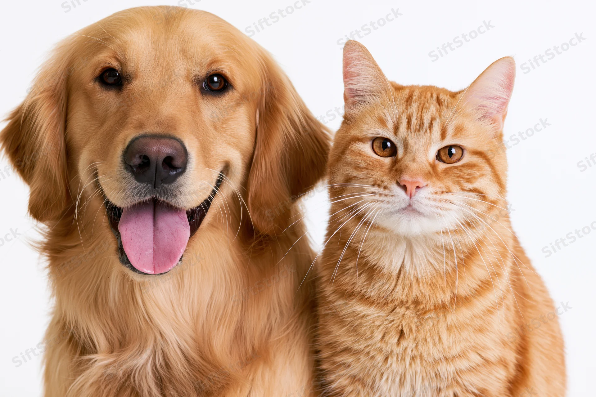 Golden retriever with tongue out and ginger cat posing side by side in studio portrait