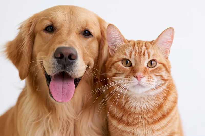 Golden retriever with tongue out and ginger cat posing side by side in studio portrait