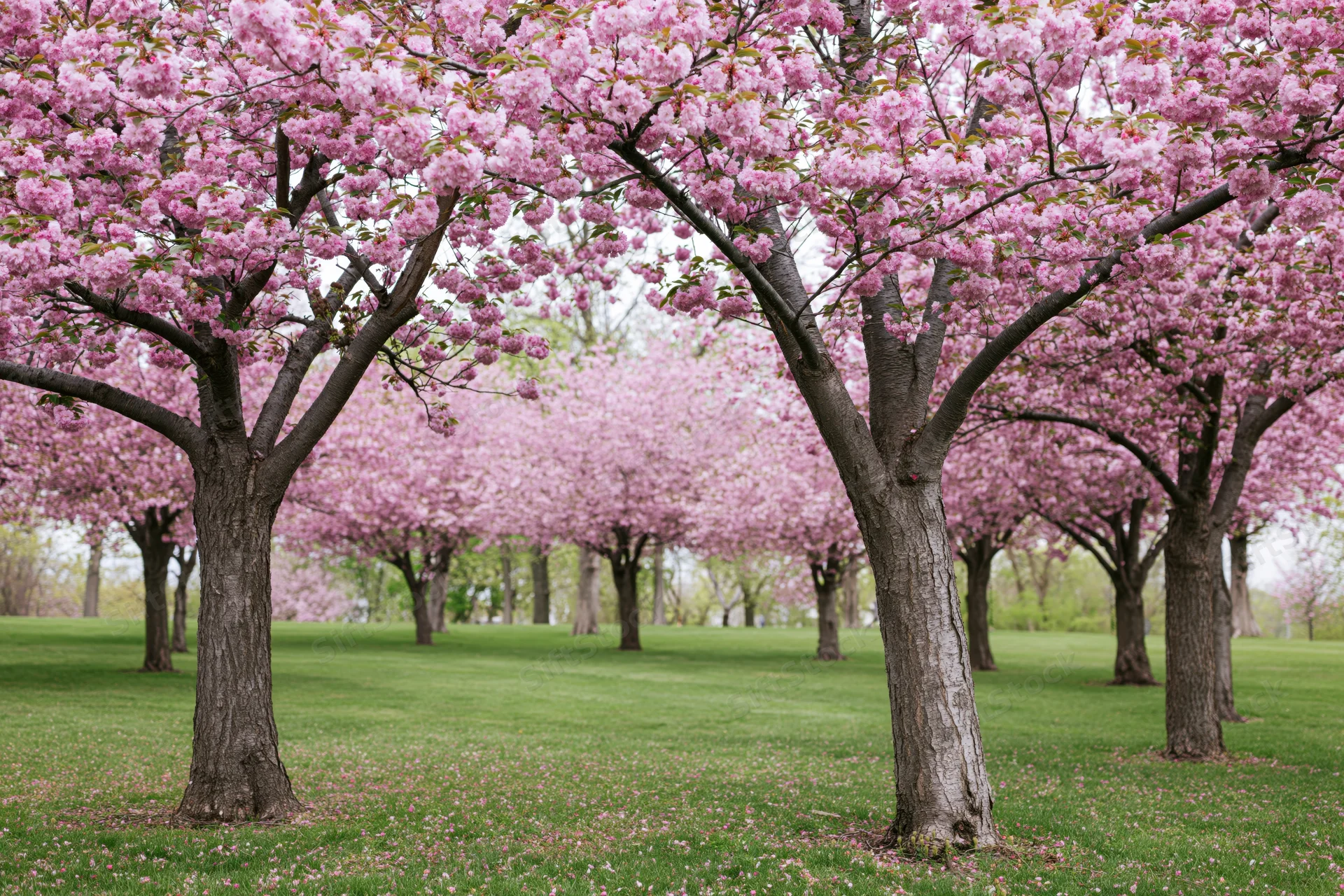 Cherry blossom trees in full bloom lining a grassy park path