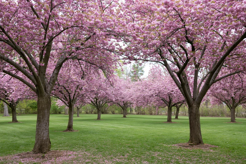 Cherry blossom trees in full bloom lining a grassy park path