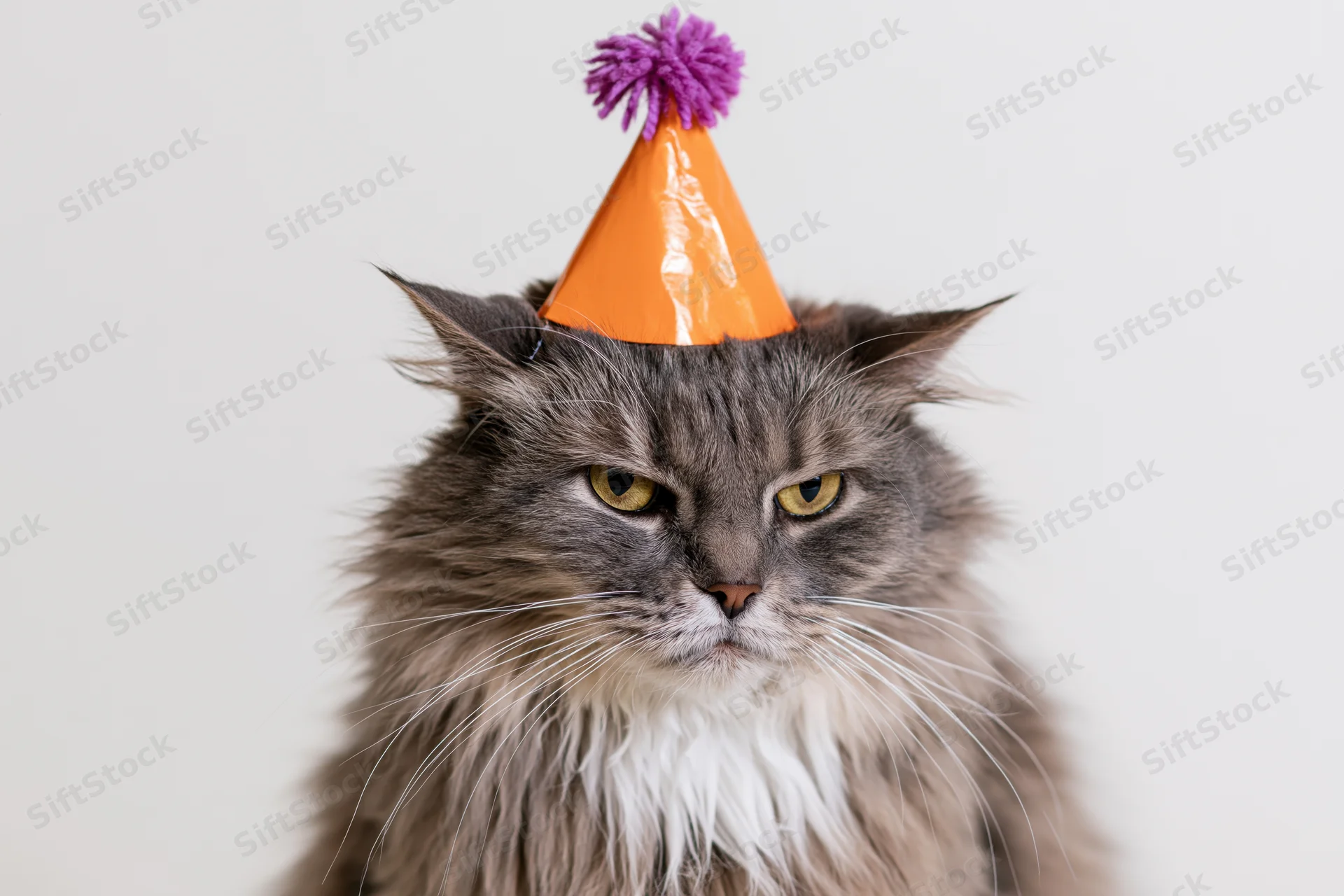 Fluffy grey tabby cat wearing orange party hat with purple pompon, studio portrait against white background