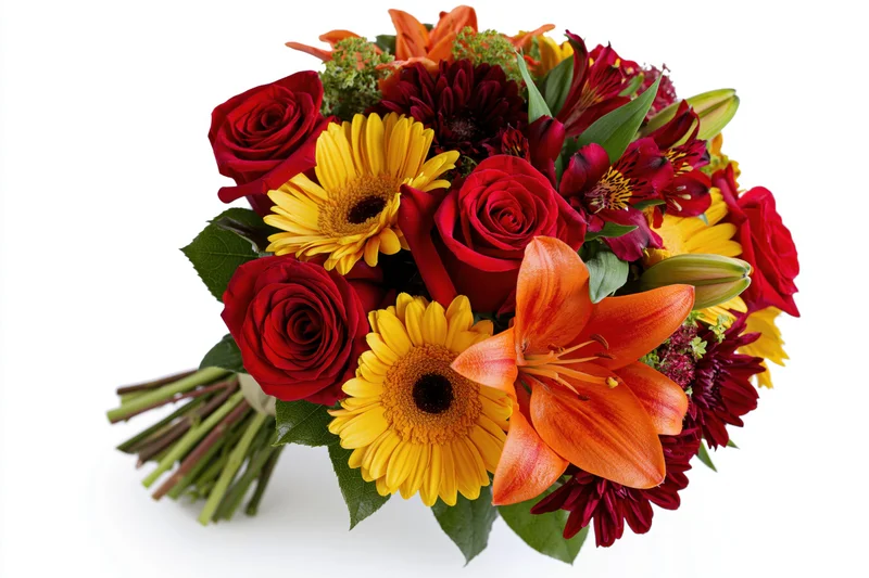 Hand-tied bouquet of red roses, orange lilies, and yellow gerbera daisies on white background