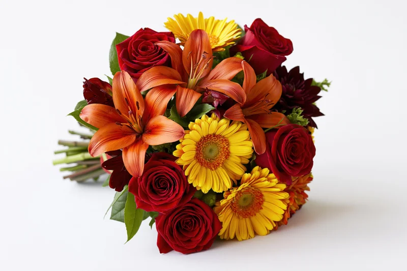 Hand-tied bouquet of red roses, orange lilies and yellow gerbera daisies on white background