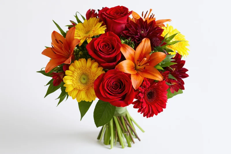 Hand-tied bouquet of red roses, orange lilies, and yellow gerbera daisies on white background