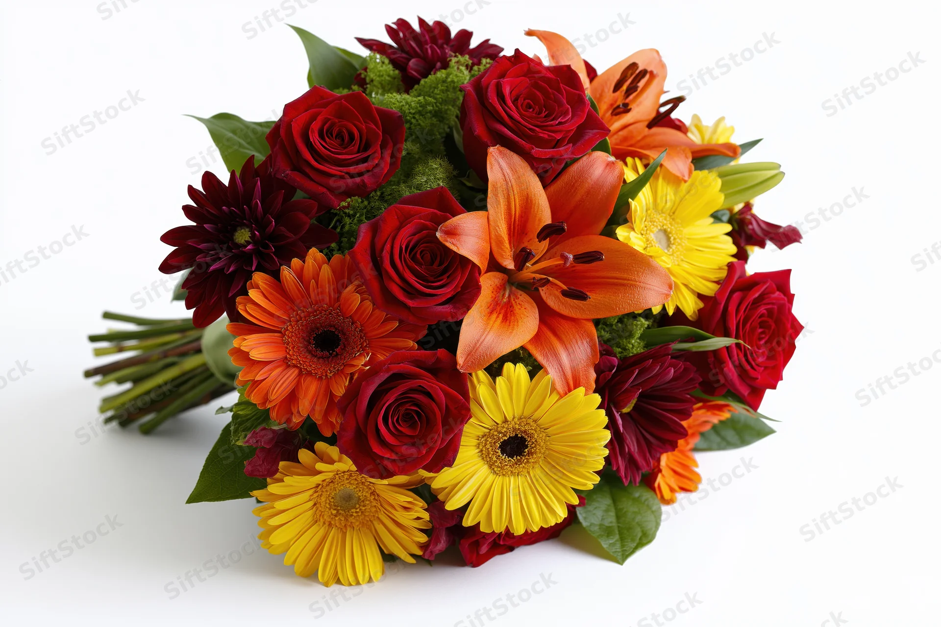 Hand-tied bouquet of red roses, orange lilies, and yellow gerbera daisies on white background
