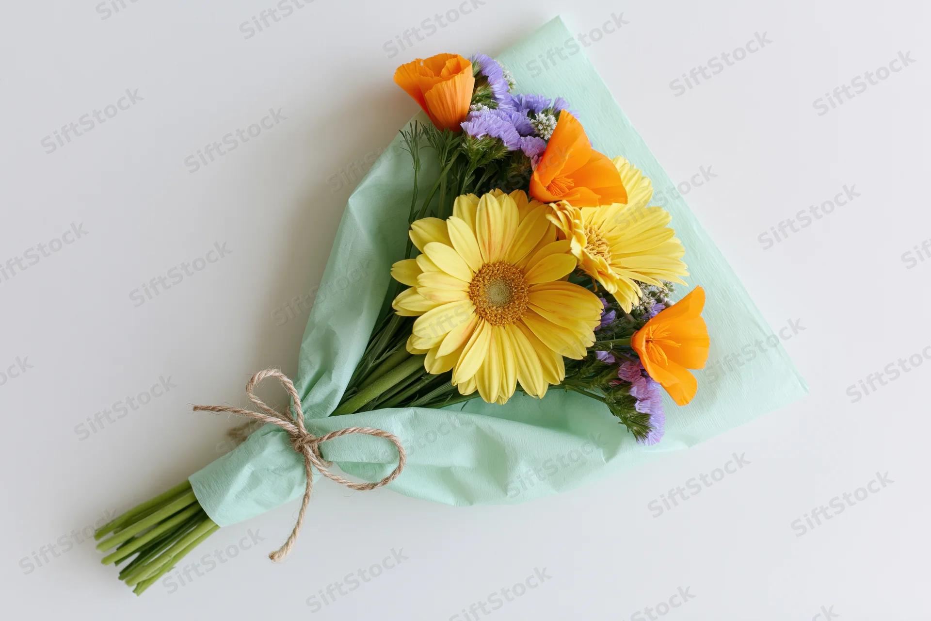 Hand-tied bouquet of yellow gerbera daisies, orange poppies, and purple flowers wrapped in mint paper with twine on white surface