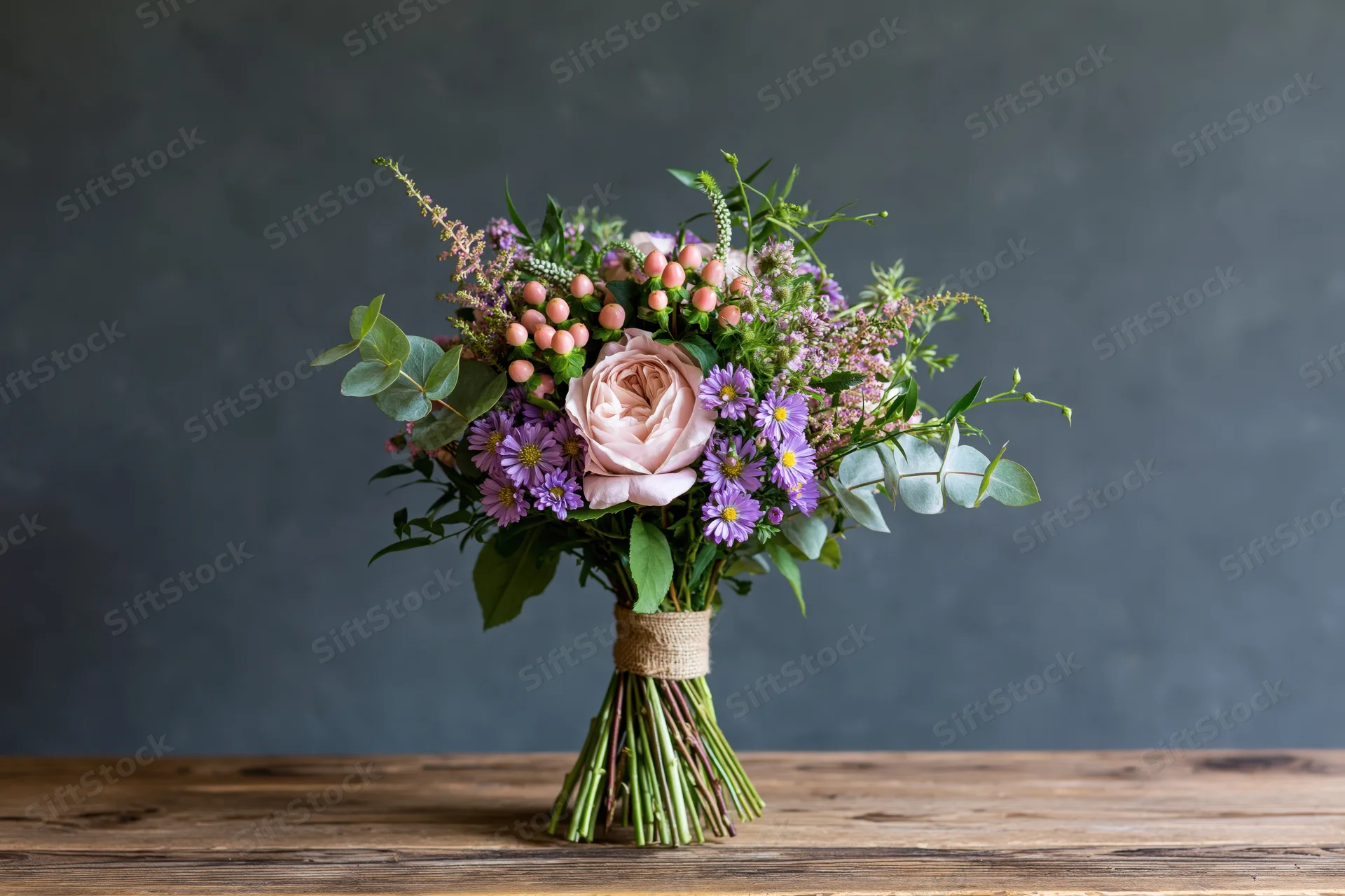 Hand-tied wildflower bouquet with roses and greenery on a wooden table