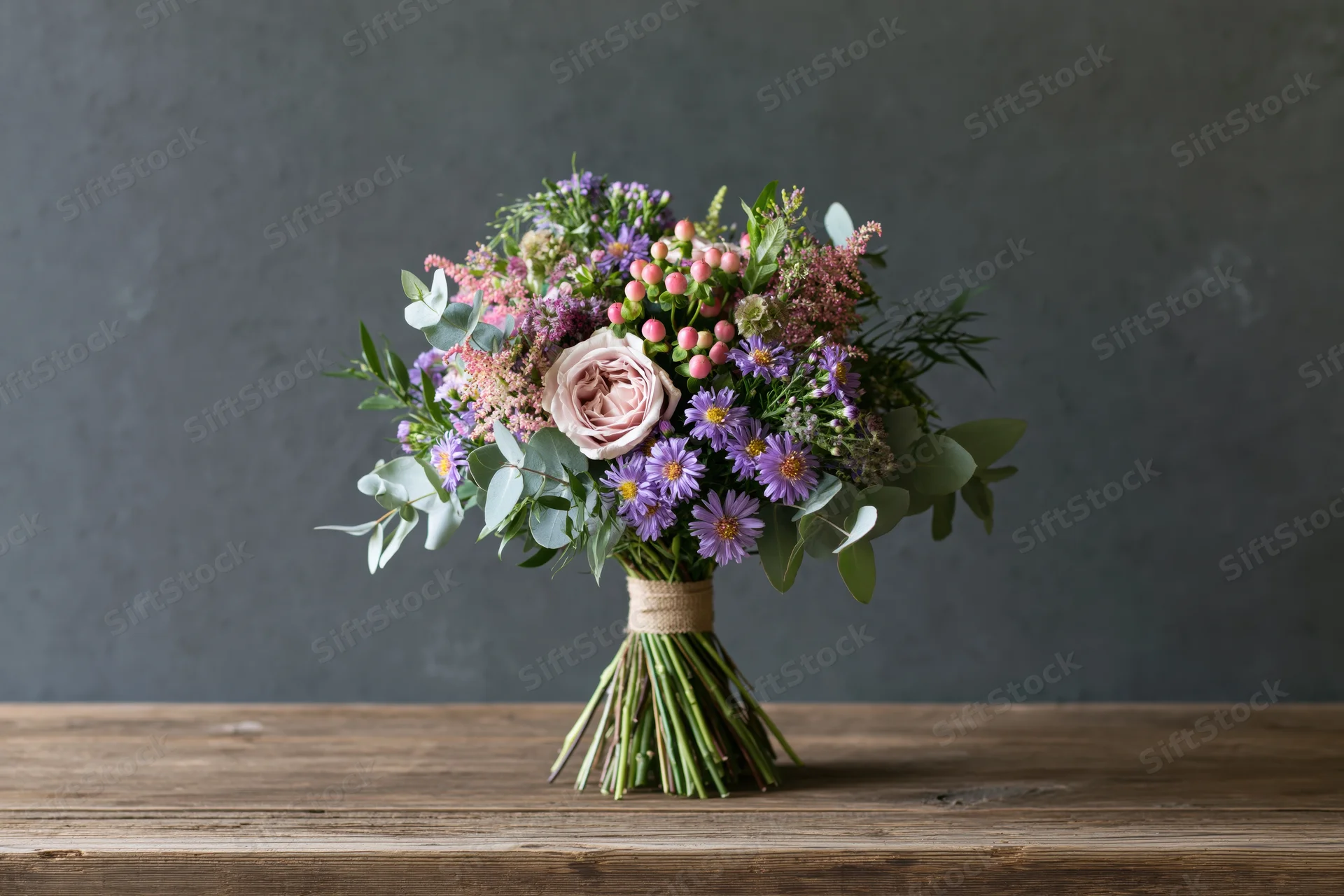 Hand-tied wildflower bouquet with roses and purple asters on a wooden table against a gray textured wall