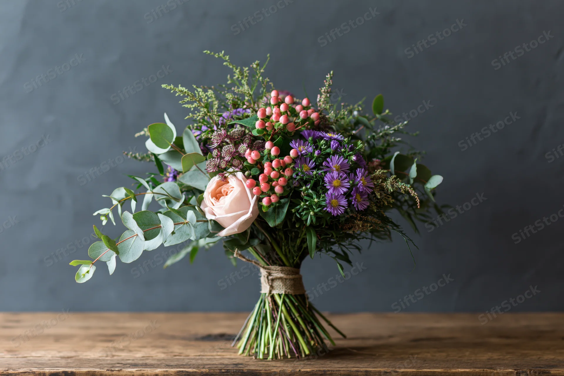 Hand-tied wildflower bouquet with eucalyptus and pink berries on a wooden table against a dark gray background