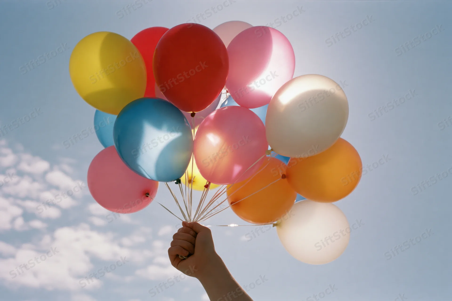 Hand holding a bunch of colorful latex balloons against a blue sky with clouds