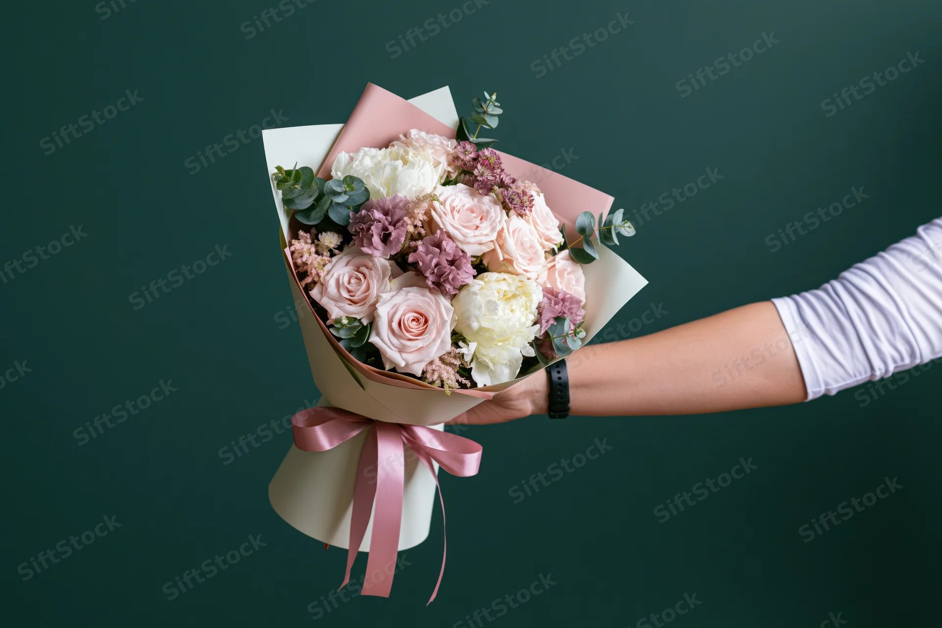 Hand holding a wrapped bouquet of pink and white roses with eucalyptus against a green background