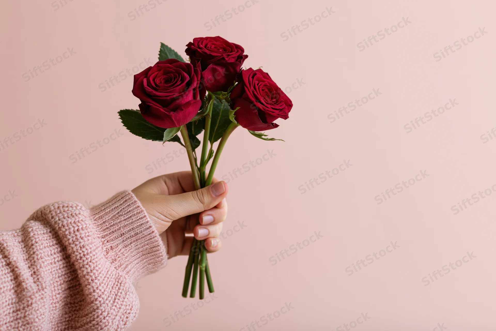 Hand holding a small bouquet of red roses against a pink background