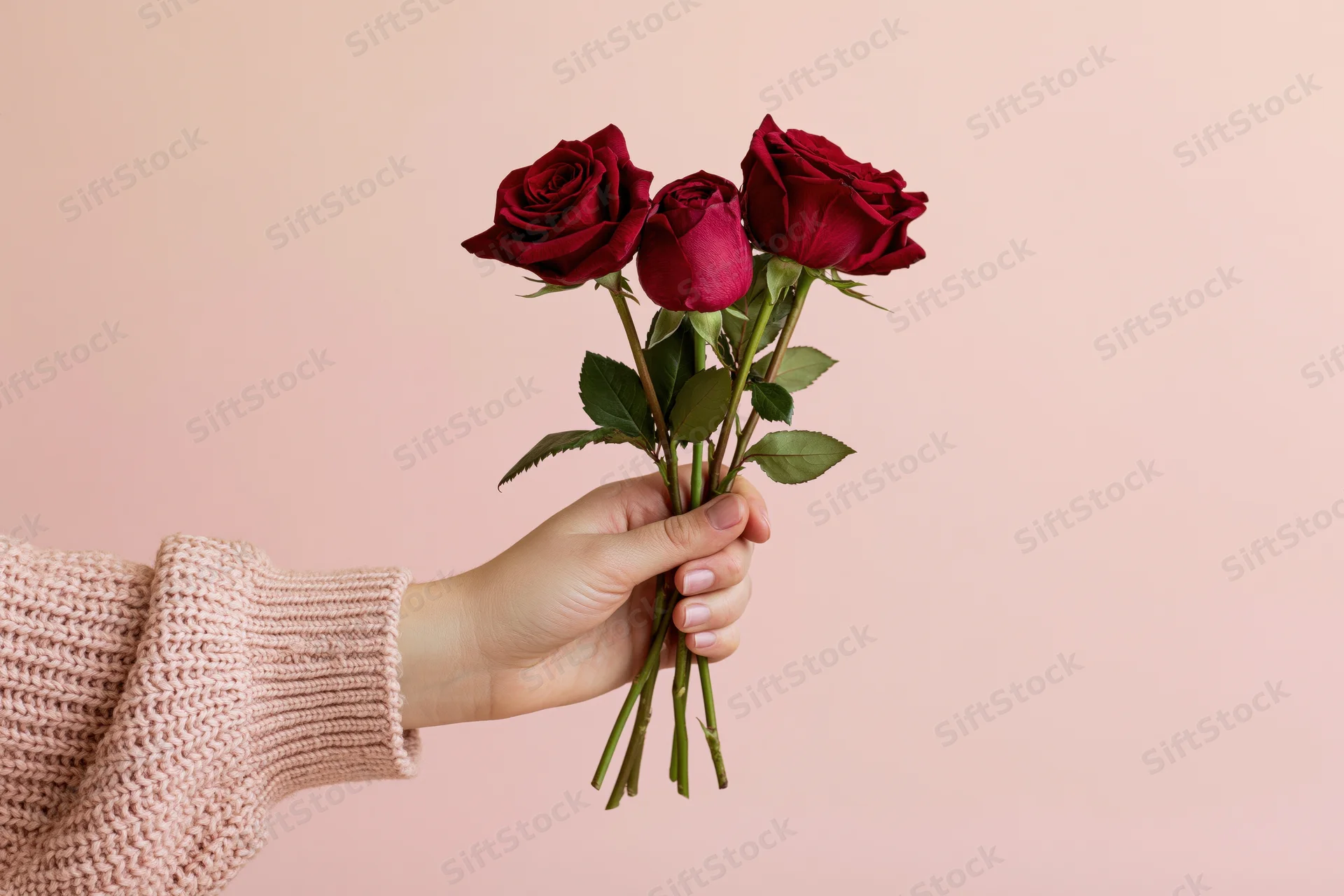 Hand holding a small bouquet of red roses against a pink background