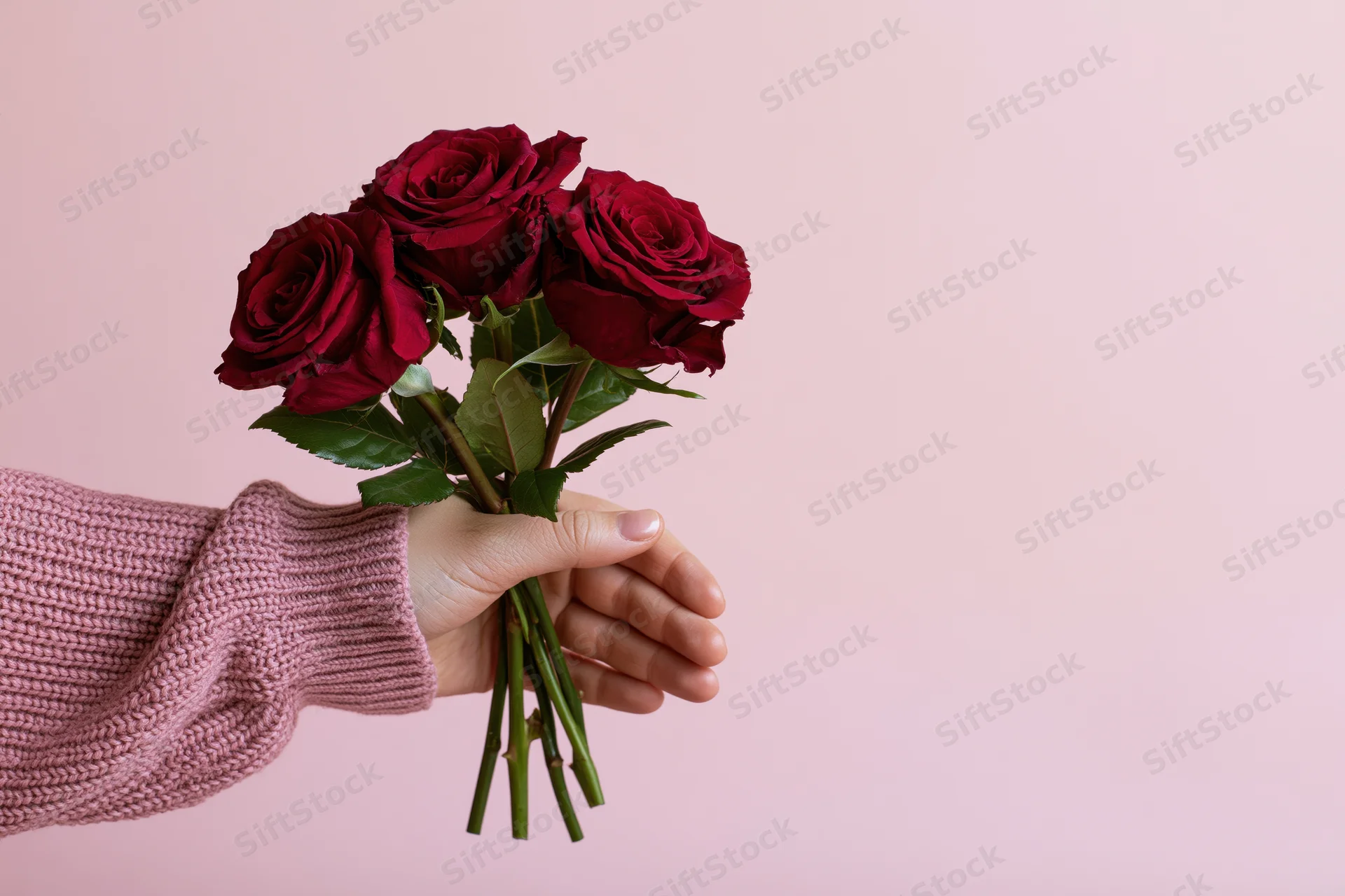Hand holding a small bouquet of red roses against a pink background