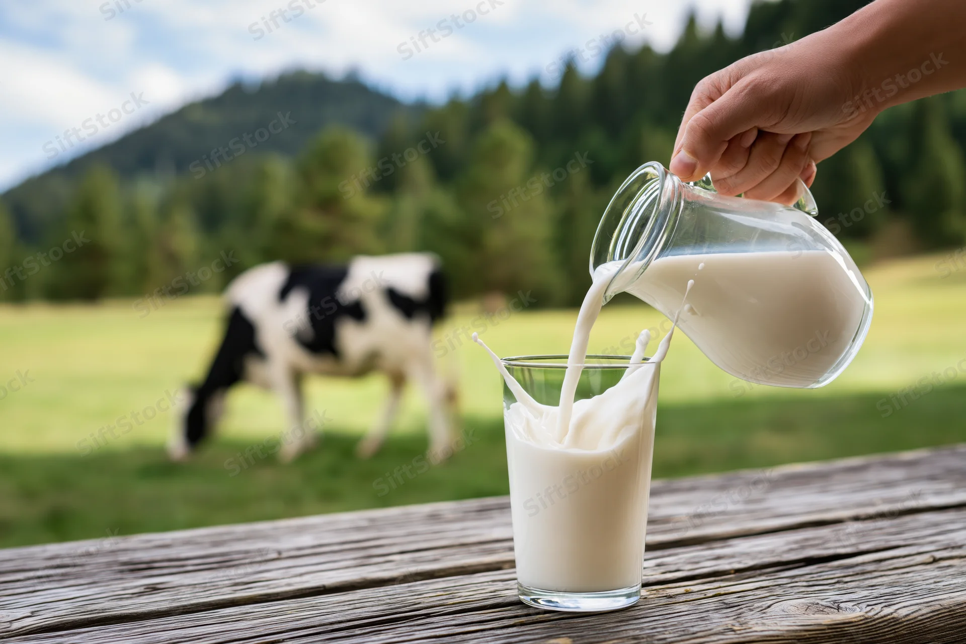 Hand pouring milk from a glass pitcher into a glass on a wooden table with a cow grazing in a green pasture behind