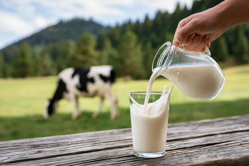 Hand pouring milk from a glass pitcher into a glass on a wooden table with a cow grazing in a green pasture behind