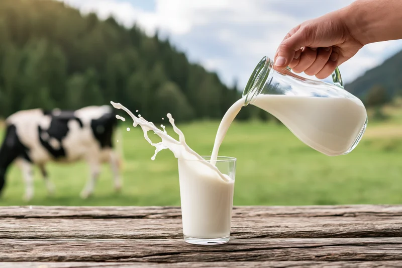 Hand pouring milk from a glass pitcher into a glass on a wooden table with a cow grazing in a green field behind