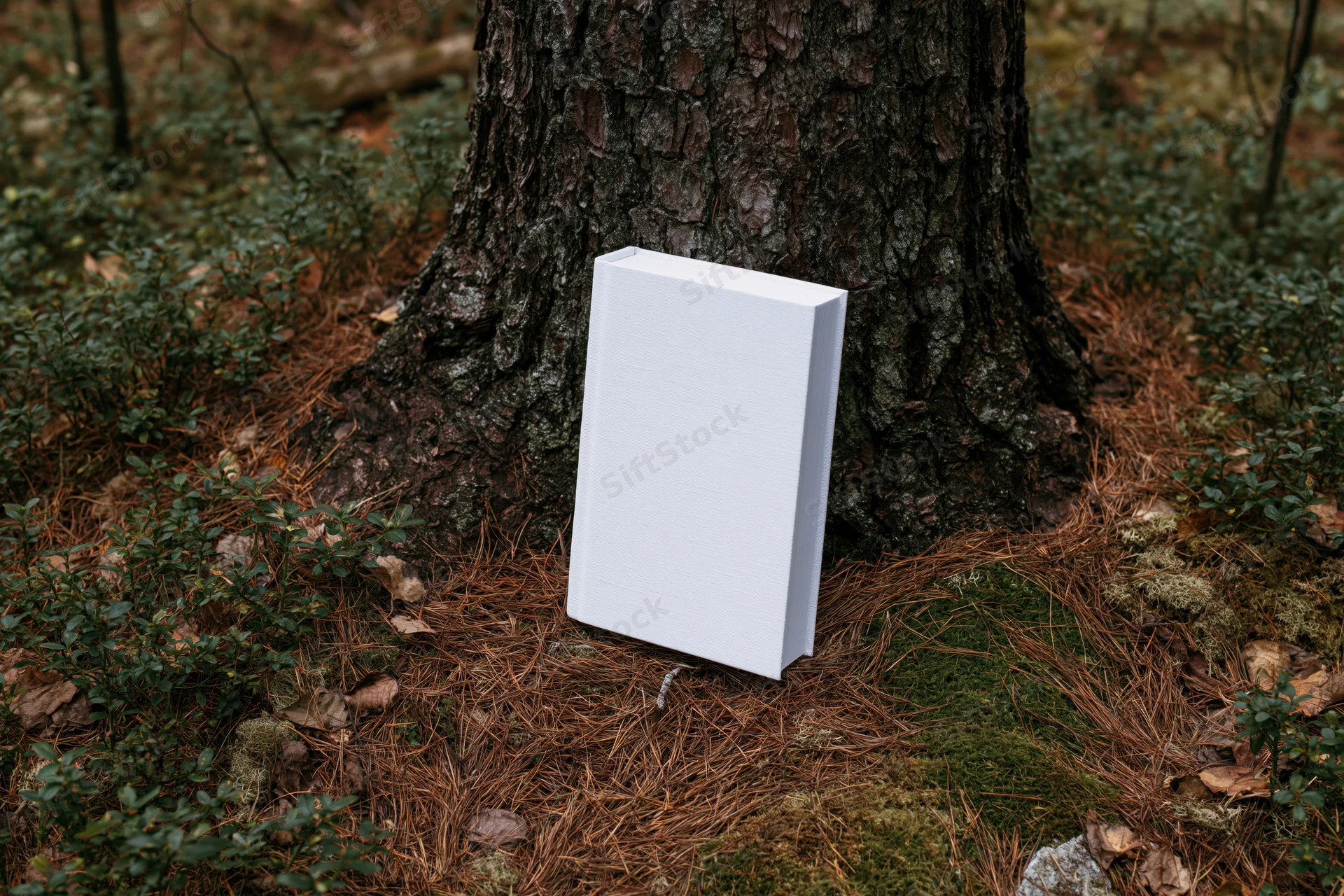 White hardcover book with blank cover leaning against tree trunk in forest setting