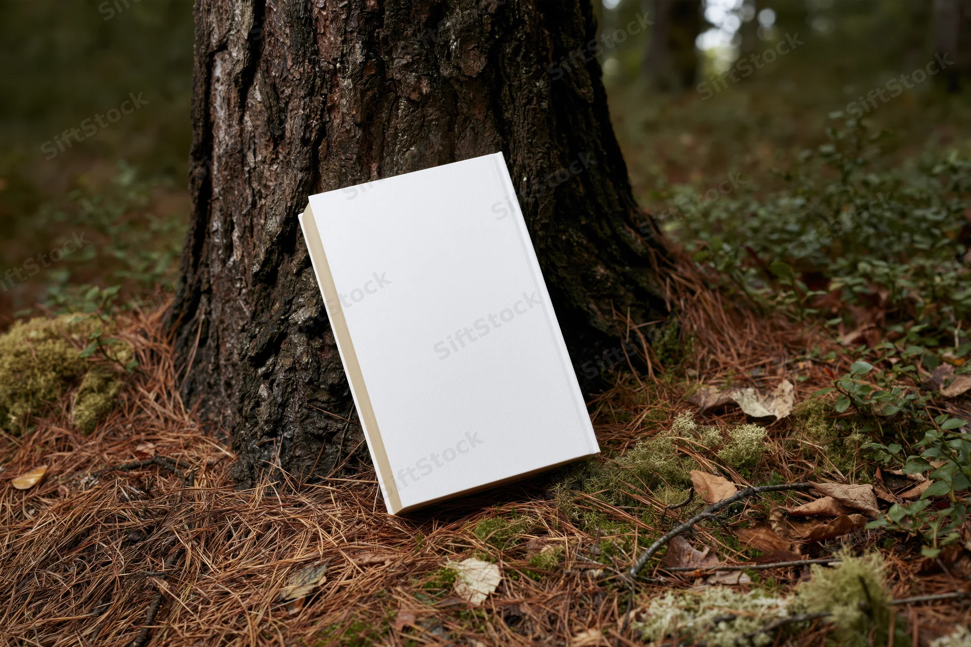Hardcover book with plain white cover leaning against tree trunk in forest setting