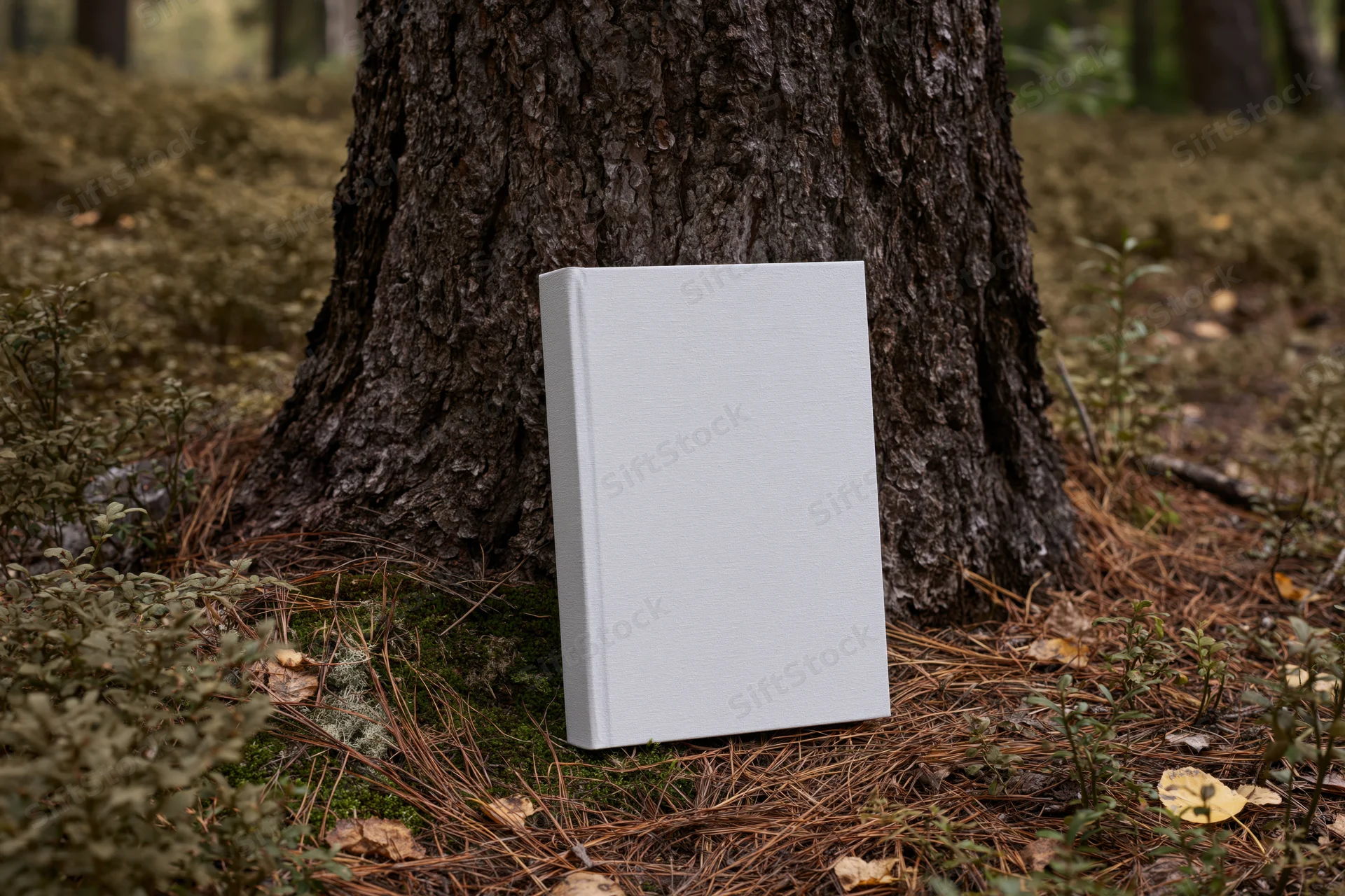 Hardcover book with plain white blank cover leaning against tree trunk in forest setting
