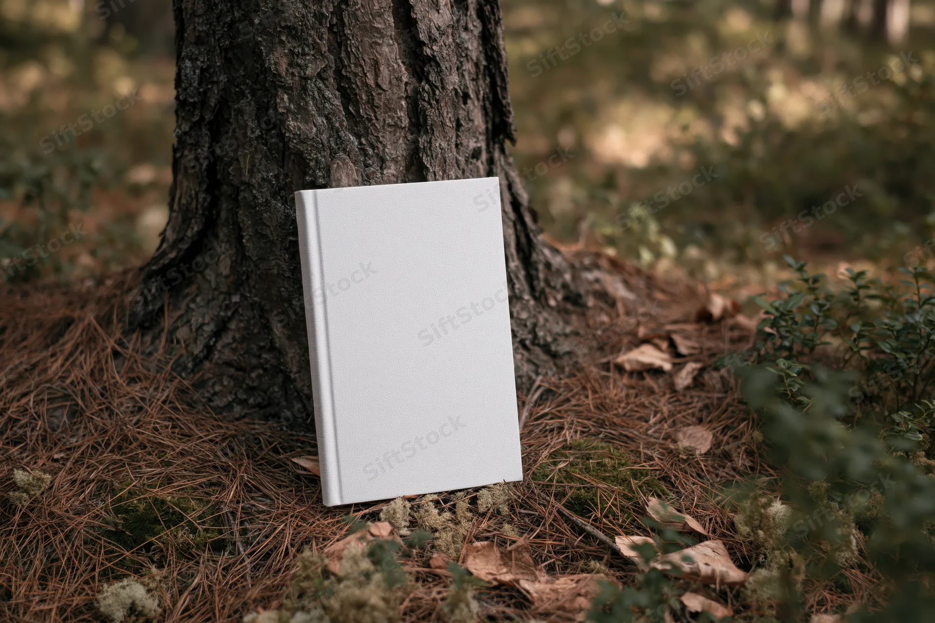 Hardcover book with blank white cover leaning against tree trunk in forest setting