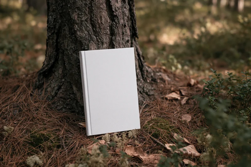Hardcover book with blank white cover leaning against tree trunk in forest setting