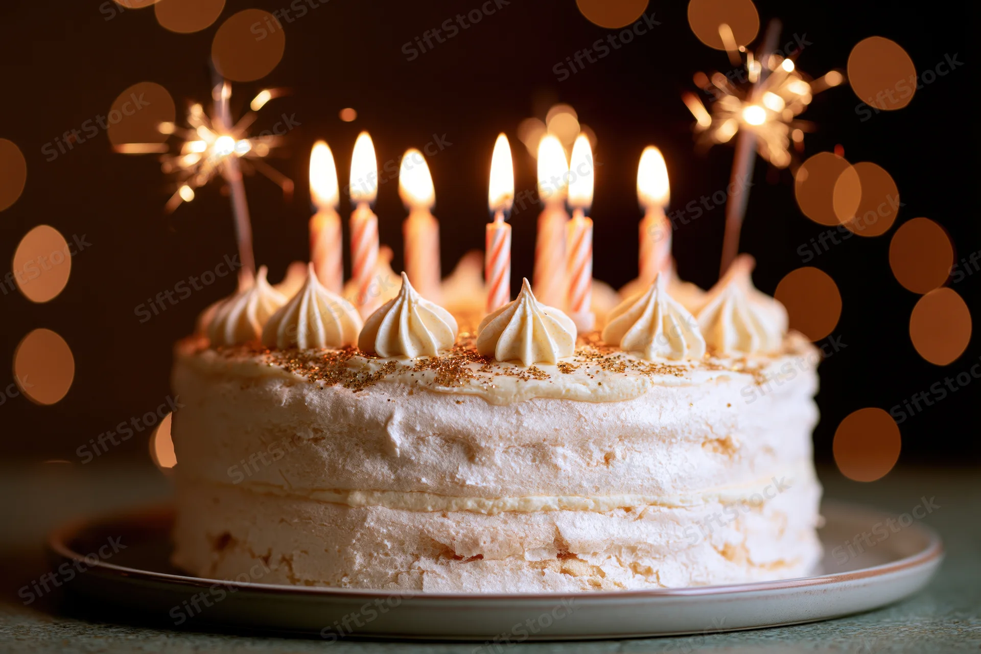 Layered cream birthday cake with lit striped candles and sparklers on a plate