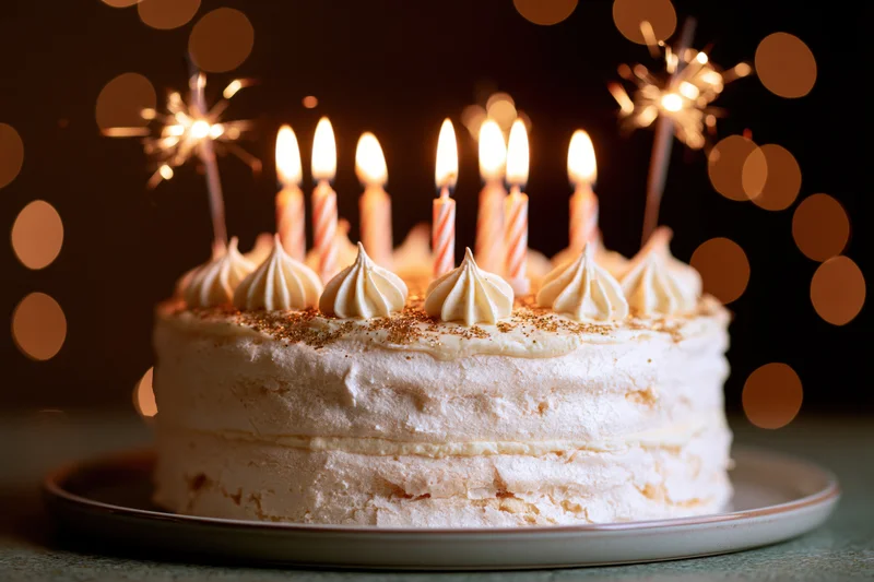 Layered cream birthday cake with lit striped candles and sparklers on a plate
