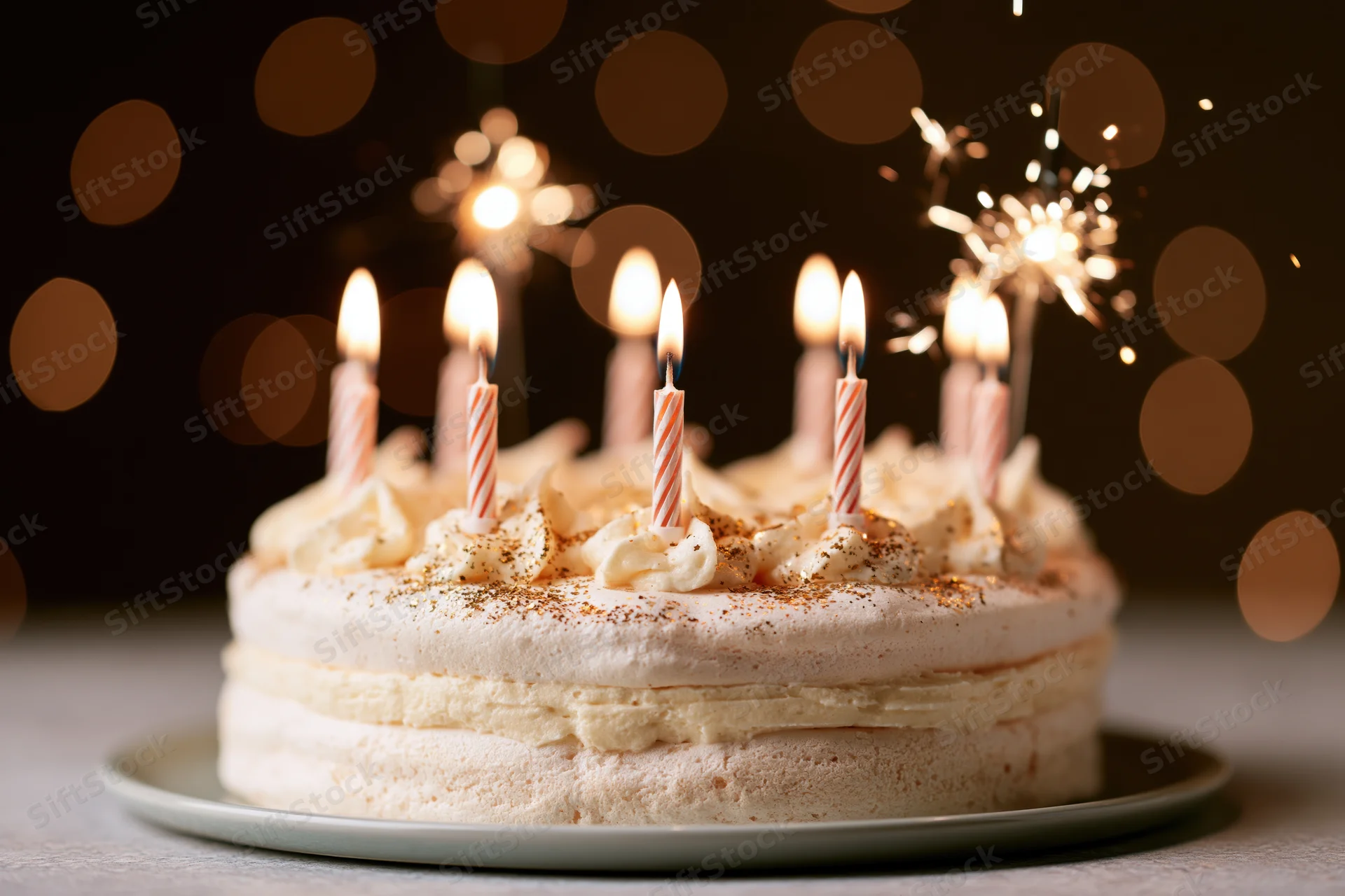 Layered cream birthday cake with lit striped candles and sparkler on plate