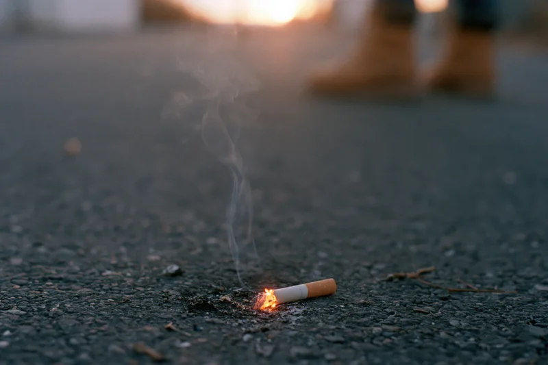 Lit cigarette butt smoldering on dark asphalt pavement with smoke rising at sunset