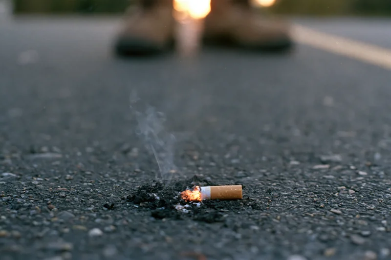 Lit cigarette butt smoldering on dark asphalt pavement with smoke rising and blurred shoes in background