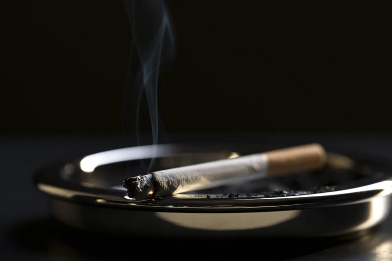 Lit cigarette burning in a metal ashtray with rising smoke against a dark background