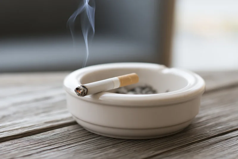 Lit cigarette resting in white ceramic ashtray on wooden table