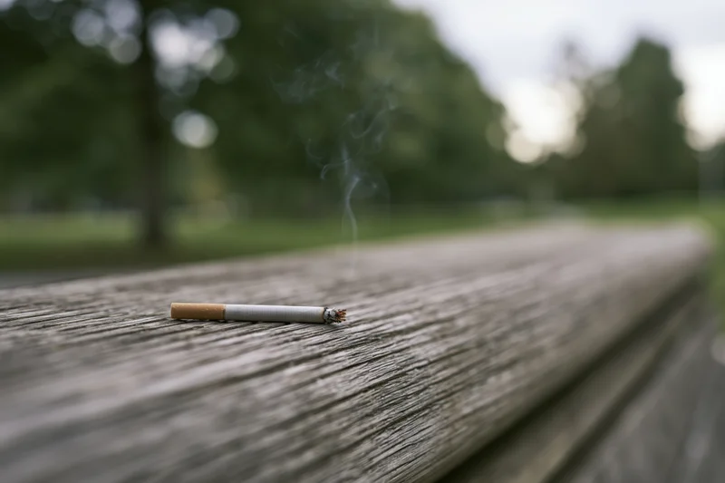 Lit cigarette with smoke resting on weathered wooden park bench surface