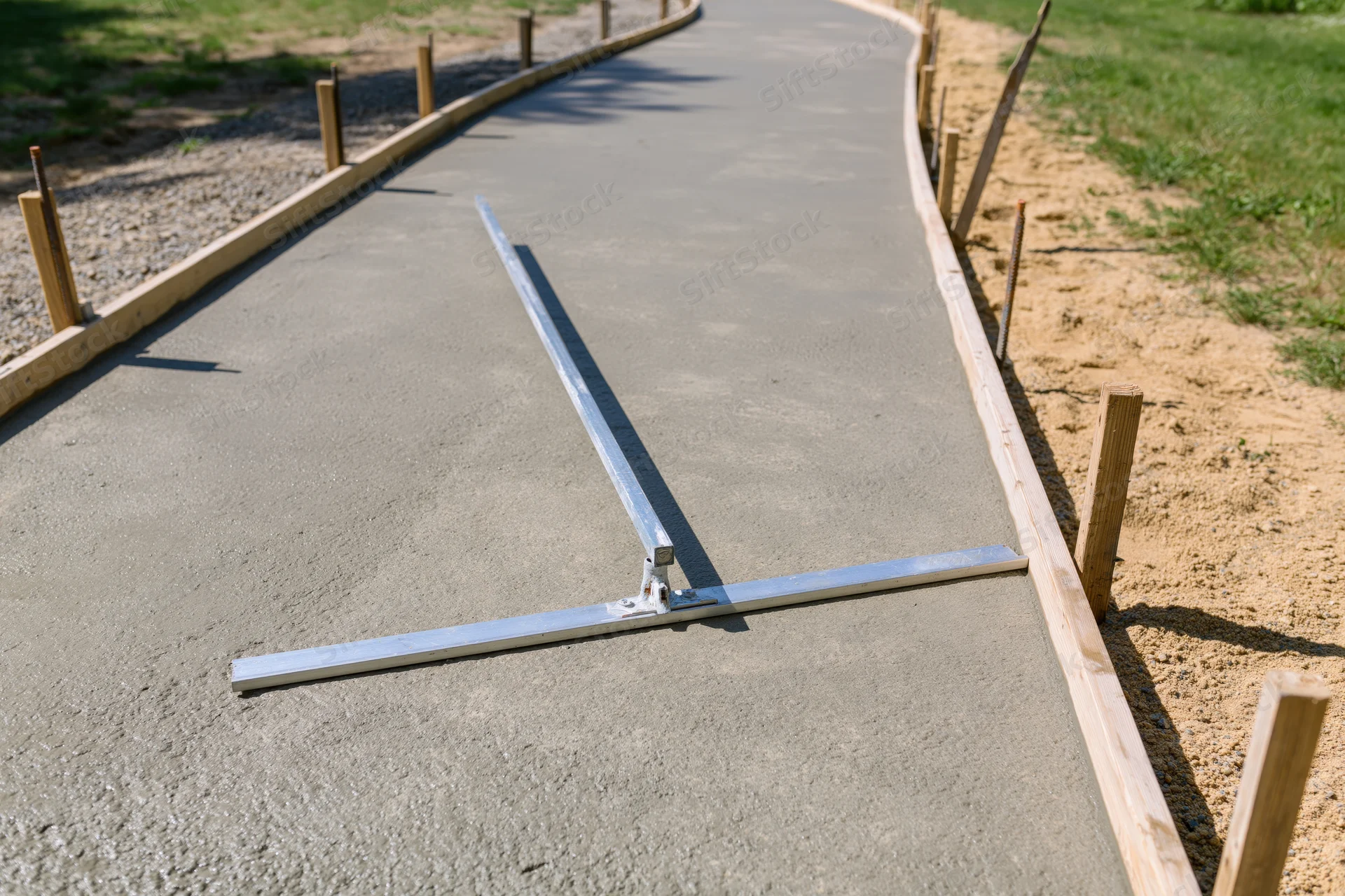 Aluminum bull float resting on freshly poured concrete pathway bordered by wooden forms