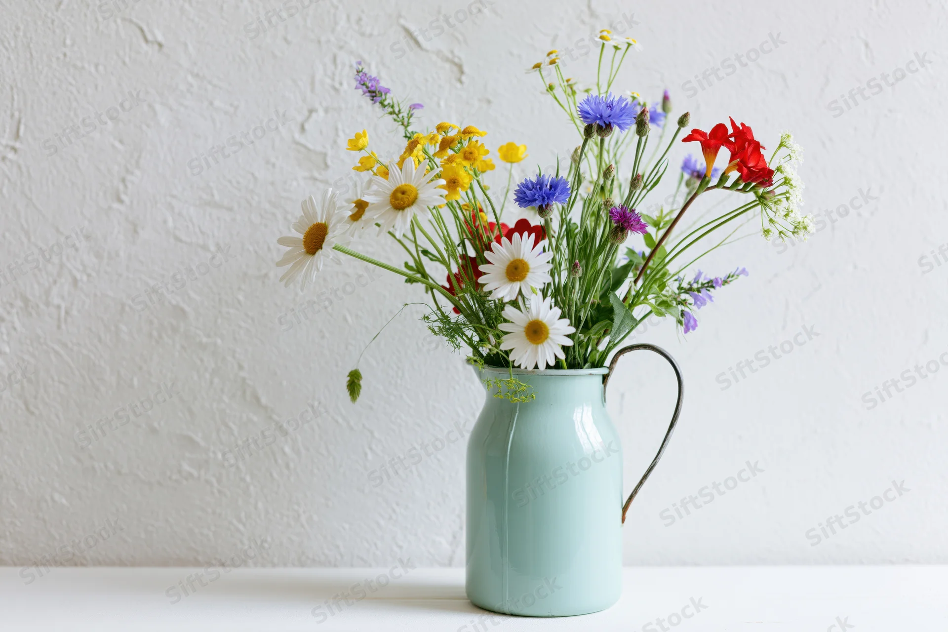 Loose bouquet of mixed wildflowers including white daisies in a mint enamel pitcher on a white table against a textured wall