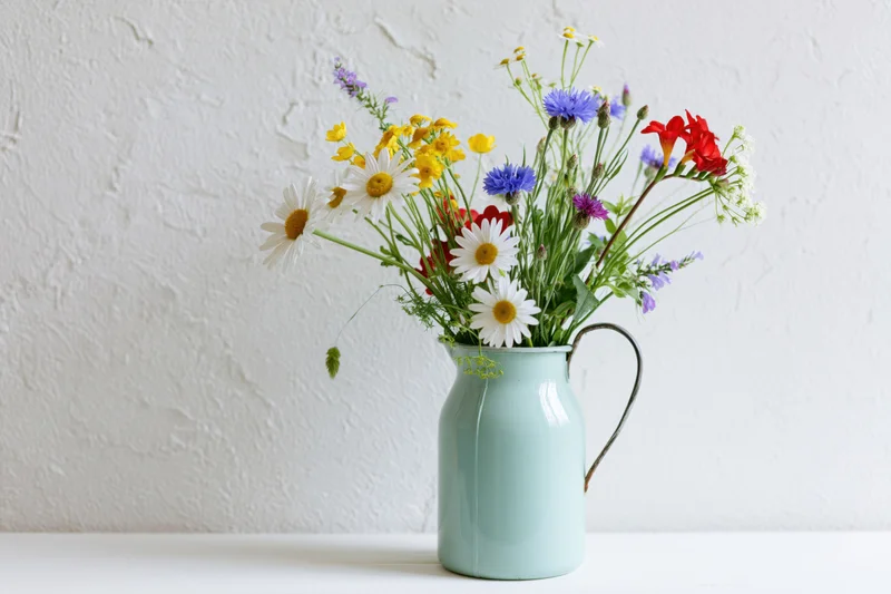 Loose bouquet of mixed wildflowers including white daisies in a mint enamel pitcher on a white table against a textured wall